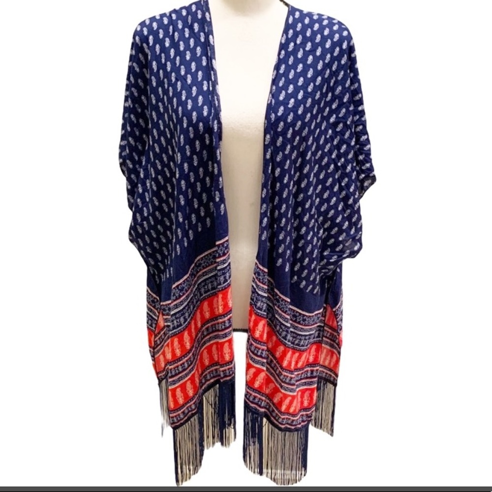 Red, White, & Blue Fringed Open Kimono One Size